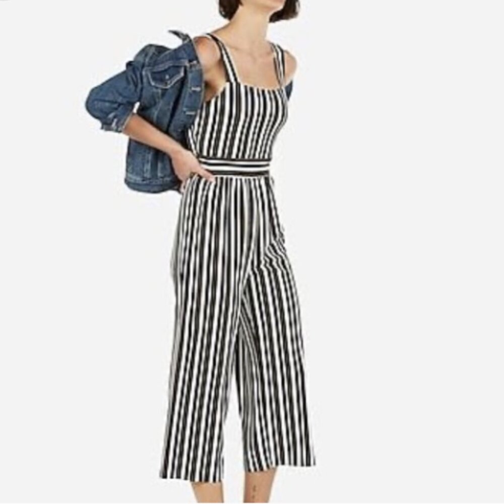 Express Green Black White Striped Jumpsuit- Size Medium